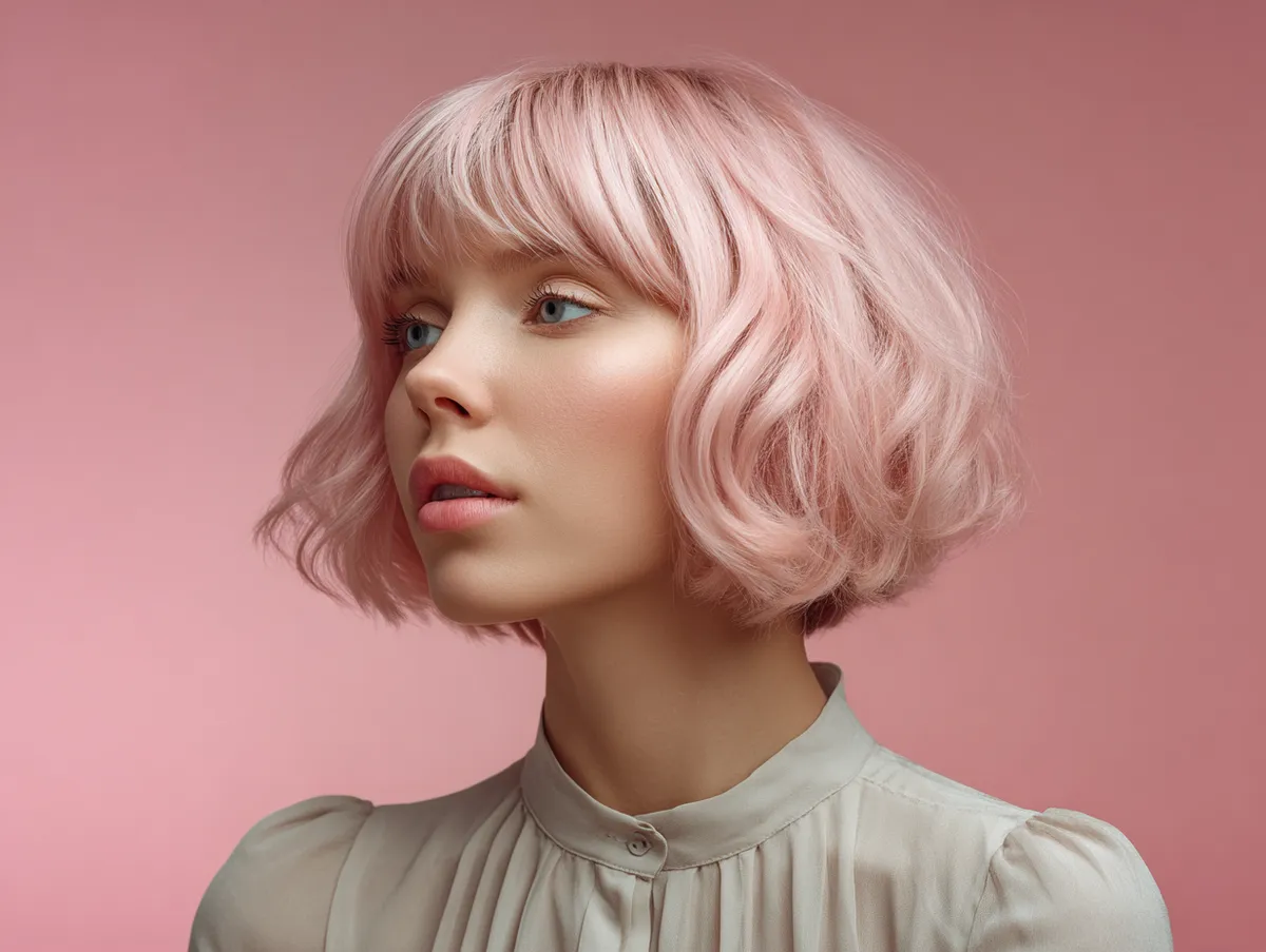 soft-focus photo of a pastel pink layered bob with bangs, dreamy studio light, delicate tones, modern fashion aesthetic, pastel background, clean composition, artistic portrait