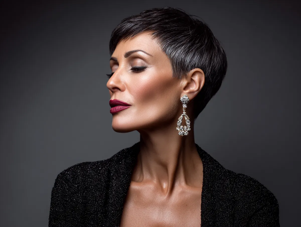 Sophisticated woman 50s wearing elegant sleek pixie haircut evening shine glossy texture smooth finish luxury wedding environment soft spotlight modern glamour fashion photography