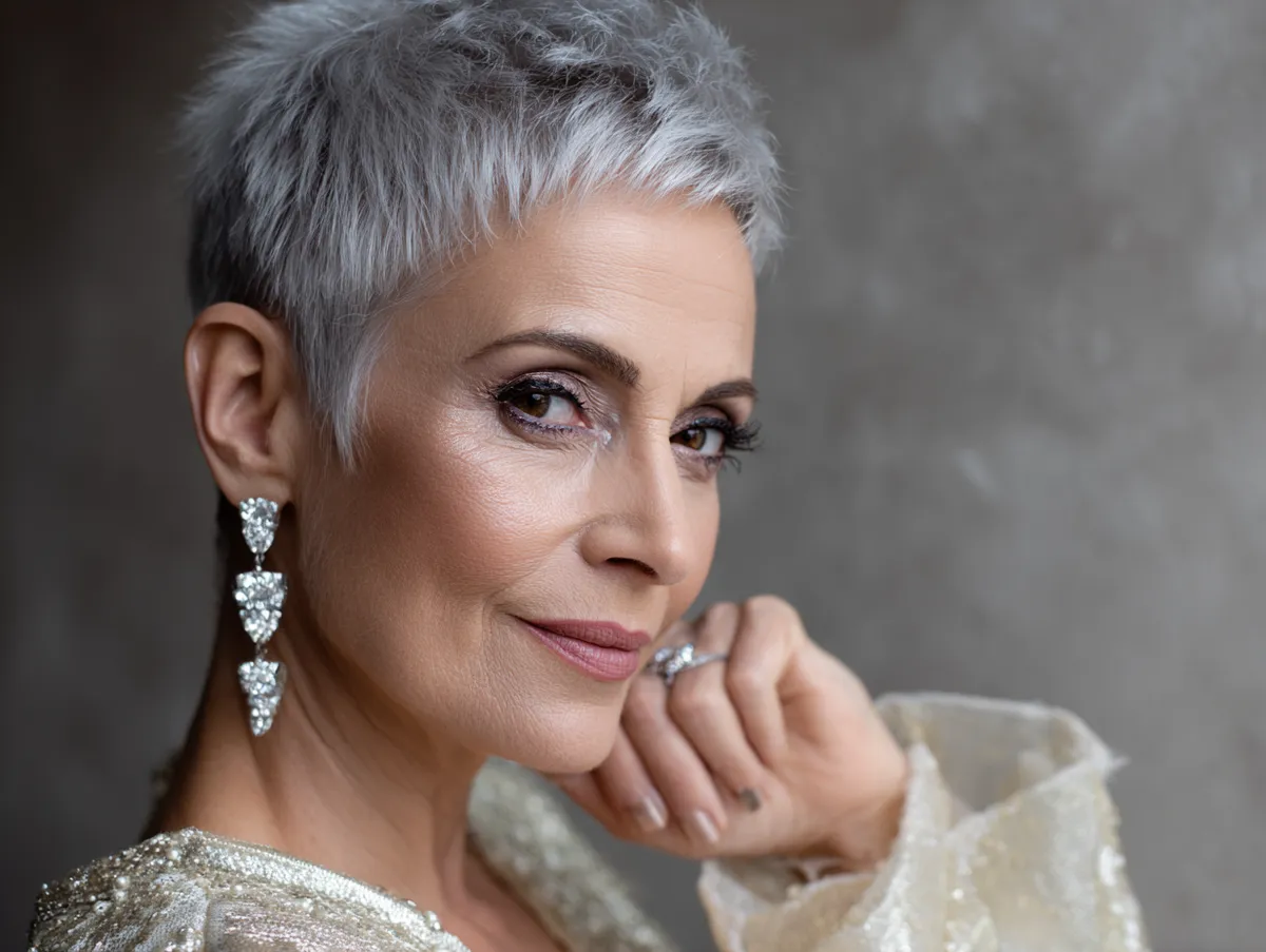 Elegant mature woman 50s wearing sparkling pixie haircut with soft volume and evening glamour pearly highlights refined makeup shimmering lighting upscale wedding atmosphere professional photography