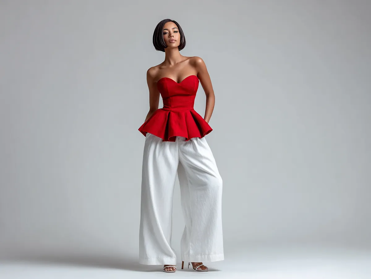 studio photo shoot tall slender woman in red linen peplum top with white wide-leg pants standing pose fashion catalog lighting clean white background soft shadows