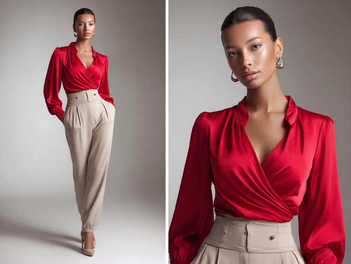 studio photo shoot full-length model with hourglass figure wearing red silk wrap blouse with high-waisted beige trousers and heels standing pose clothing catalog lighting soft shadows minimal background
