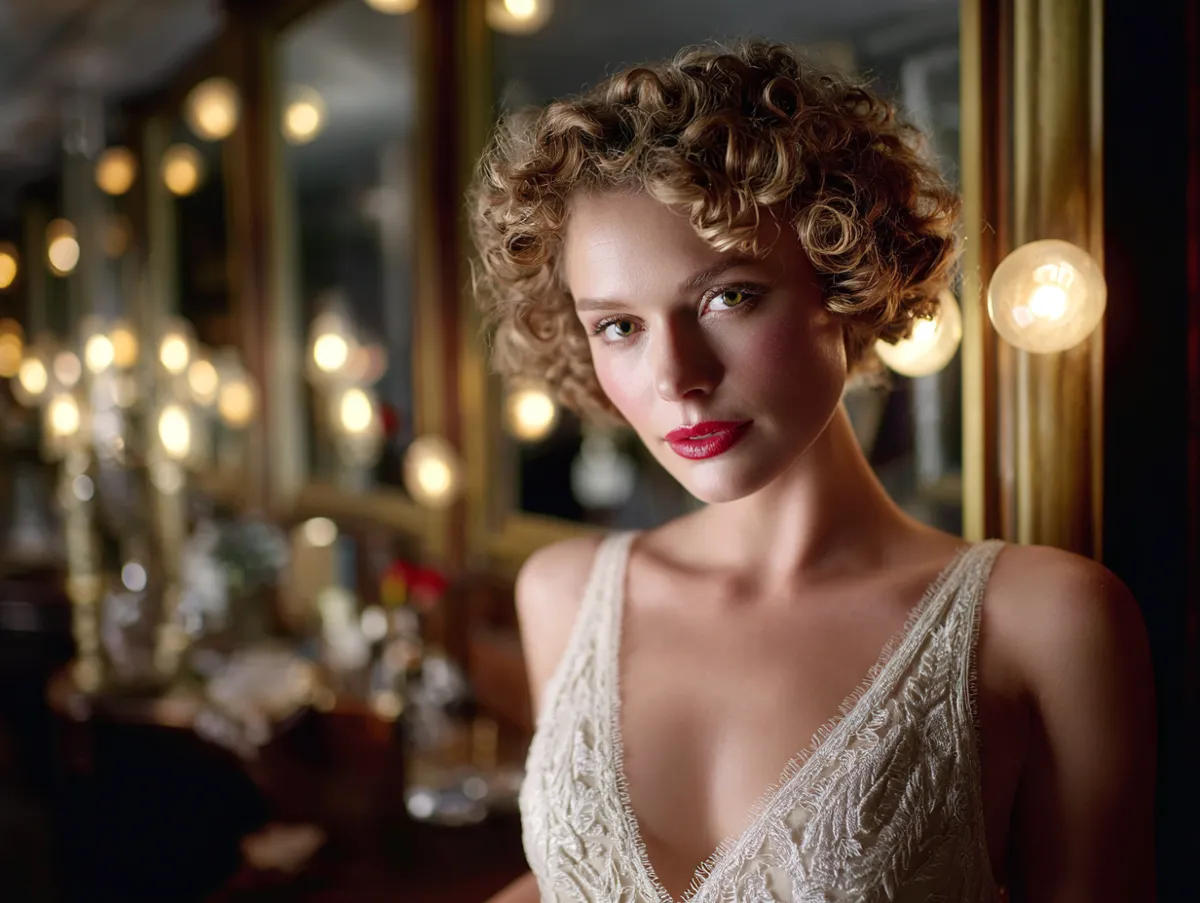 bride with curled short hair design for wedding glamour, vintage mirror reflection, soft golden lighting, lace gown, 1930s inspired curls, cinematic depth of field, nostalgic atmosphere, classic bridal scene