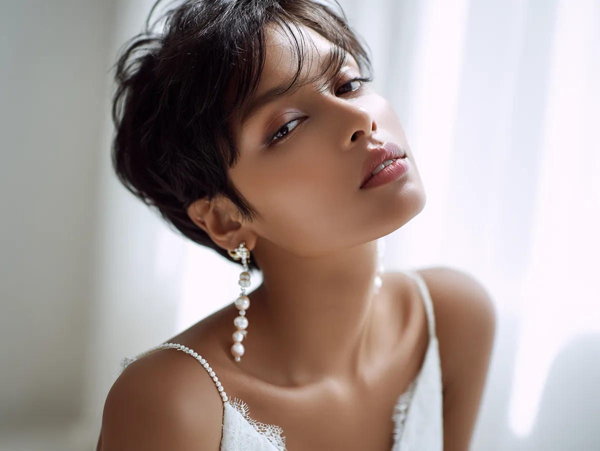 close-up portrait of a bride with soft short hair design for wedding elegance, minimalist white setting, natural light, delicate pearl accessories, soft bokeh background, refined bridal aesthetic, cinematic composition