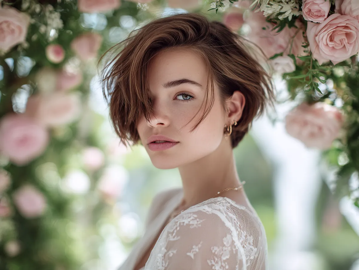 bride with romantic short hair design for wedding simplicity, outdoor garden ceremony, natural sunlight, floral backdrop, cinematic tone, airy composition, pastel color palette, soft lens effect