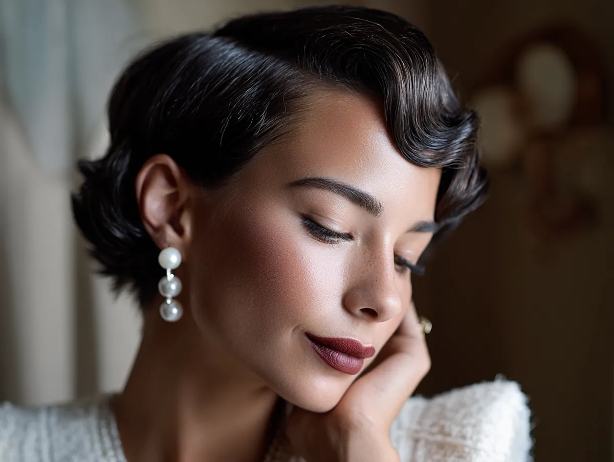 close-up of bride with soft short hair design for wedding with vintage waves, cinematic lighting, 1950s Hollywood style, side part, glossy texture, pearl earrings, timeless elegance, portrait photography aesthetic
