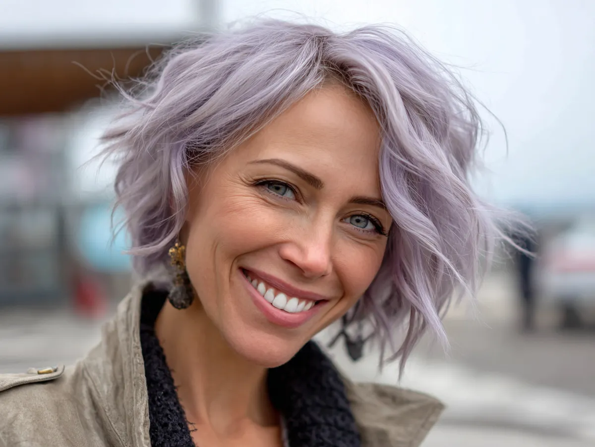 portrait of a smiling mature woman with bright lavender tousled short bob haircut, natural makeup, outdoor soft light, windy afternoon vibe, light clothing, relaxed modern feel