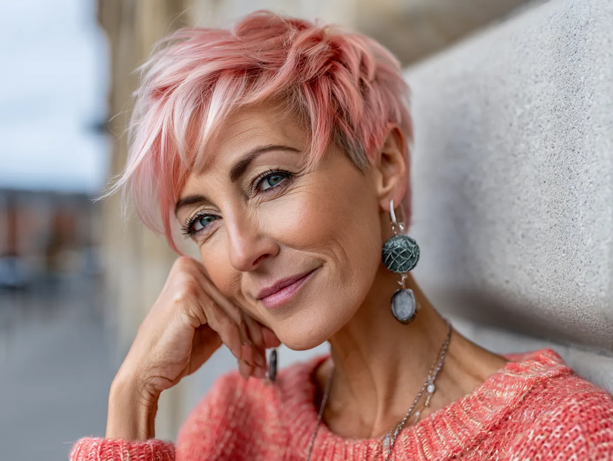 portrait of an elegant mature woman with a bright coral pink layered pixie haircut, soft texture, natural smile, modern casual outfit, daylight photography, gentle breeze movement, confident yet relaxed pose