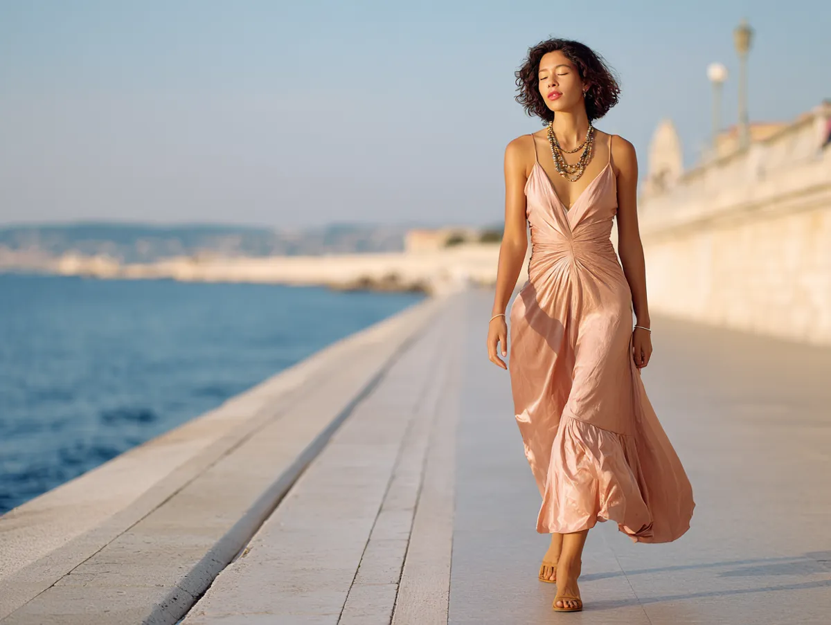 a woman with glossy slope hairstyle walking along a bright seaside promenade, golden sunlight, flowing summer dress, ocean background, vibrant mood, travel photography style, pastel color palette