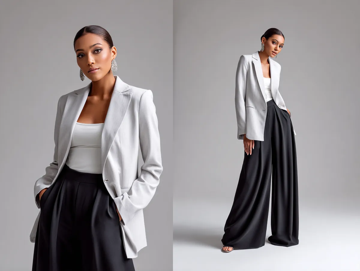 A studio photo shoot of a woman wearing minimalist smart casual clothing — light grey blazer, black wide-leg pants, white top, standing pose, fashion catalog style, soft shadows, clean backdrop, elegant neutral contrast.