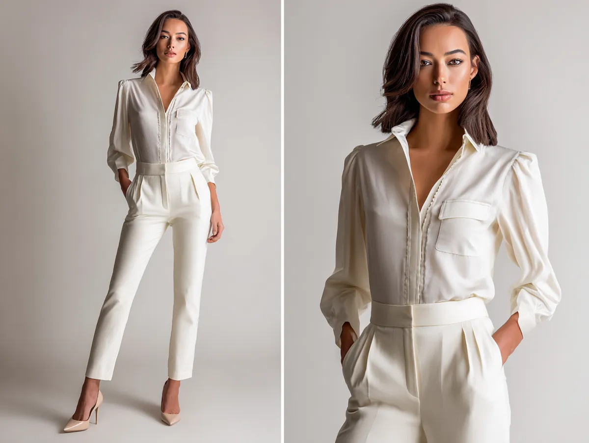 A studio photo shoot of a woman in a minimalist monochrome outfit — tailored cream trousers, soft white blouse, and nude heels — standing pose, fashion catalog lighting, plain neutral background, clean modern aesthetic, refined elegance, high-resolution editorial style.