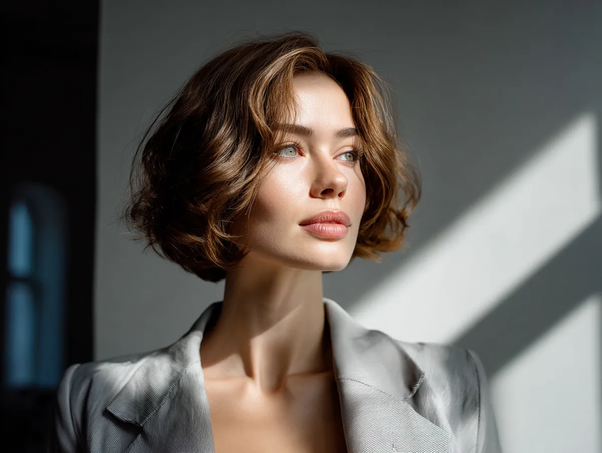 woman with short stacked bob haircut with soft waves, elegant office outfit, morning sunlight through window, minimal makeup, modern chic style, cinematic lighting, realistic photography