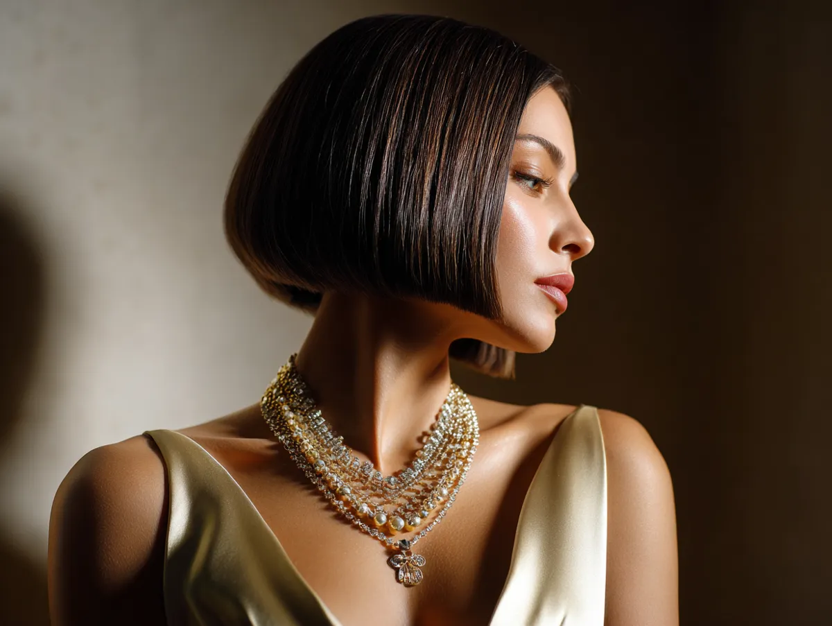 woman with sleek shiny stacked bob haircut, dressed for evening event, soft golden lighting, elegant jewelry, satin dress, modern cinematic mood, luxurious aesthetic