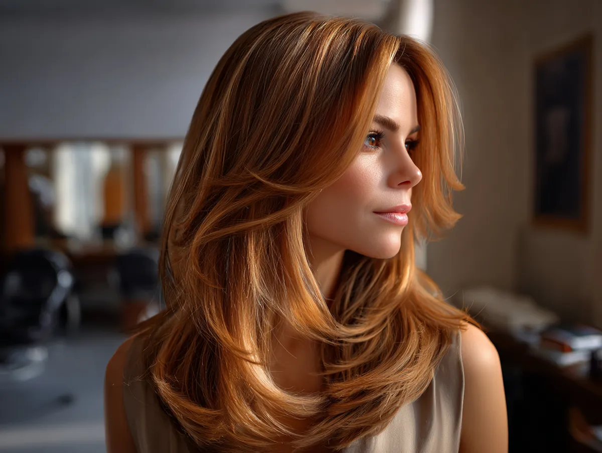 a woman with long fine hair in a step cut glowing in vivid copper tones, soft layers reflecting sunset light, airy movement, elegant salon setting, cinematic lighting, ultra-detailed realism