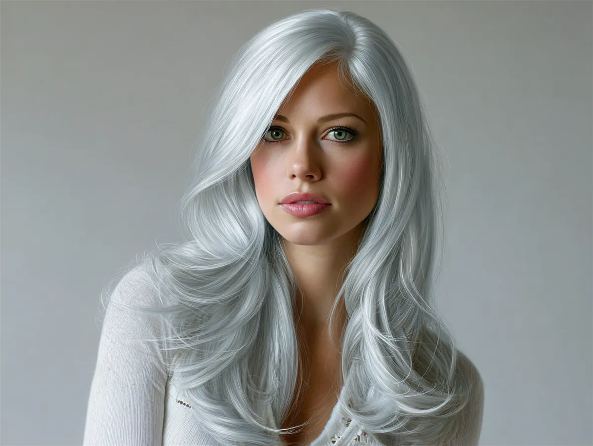 a woman with long fine layered hair in icy platinum color, soft floating layers, frosty light background, glowing highlights, studio portrait, hyperrealism, radiant details