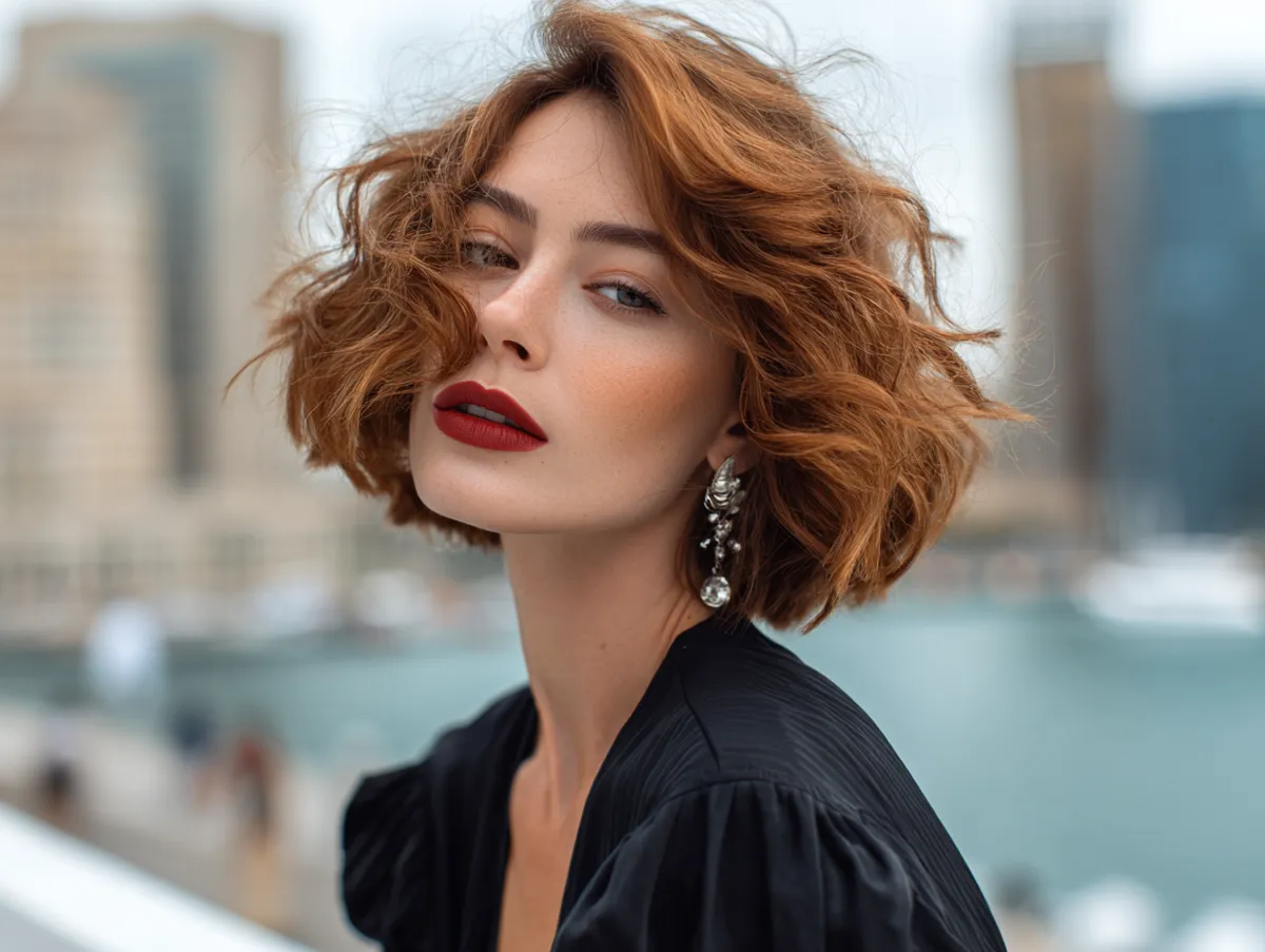 Rose gold short step cut hairstyle with flowing waves, feminine and luminous look, woman with round face posing outdoors, elegant urban backdrop, cinematic tone, glossy light reflections