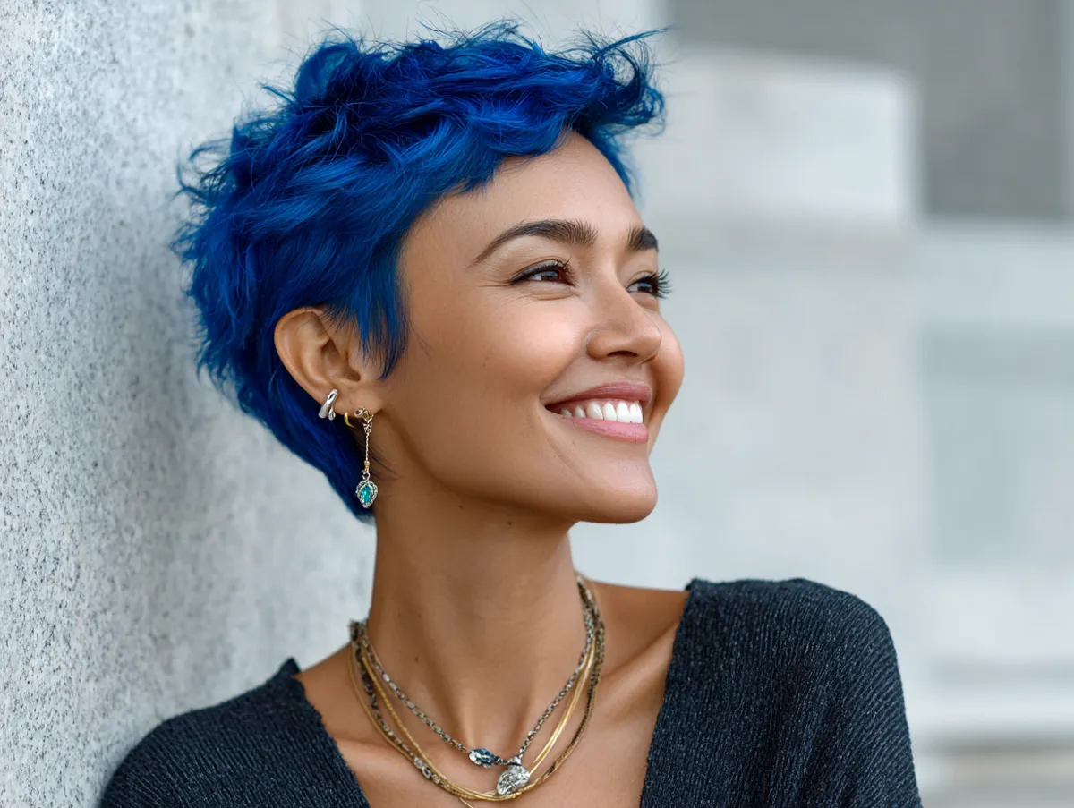 A vibrant electric blue step cut for short hair, soft layered texture, round-faced woman smiling in sunlight, modern fashion look, natural background, soft lighting, stylish haircut photo aesthetic