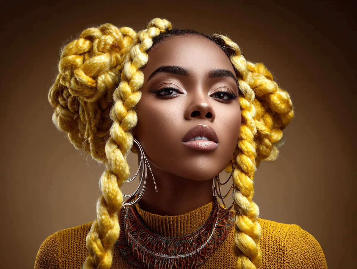 Cinematic portrait of a Black woman with bright golden yellow chunky twists, center parting, voluminous texture, realistic detail, glowing skin, detailed hair lighting, fashion editorial