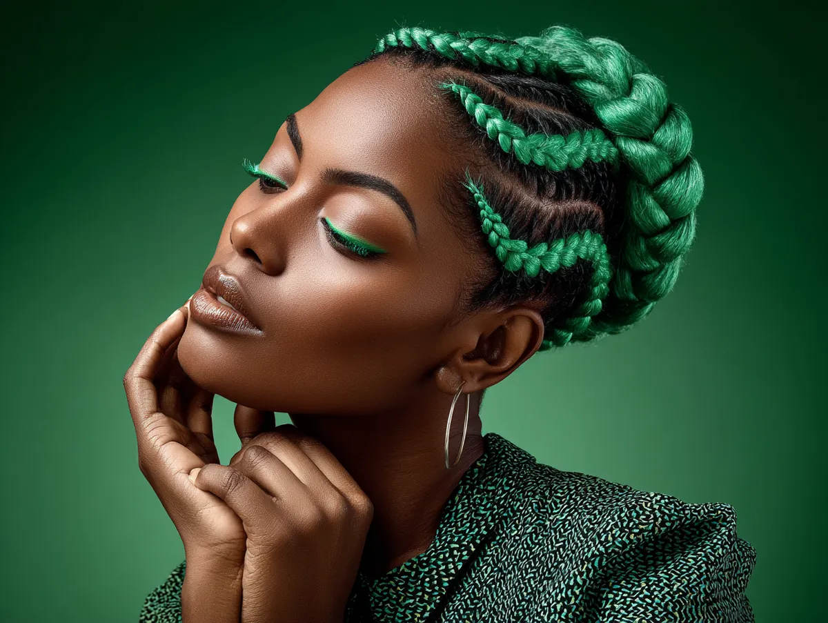 High resolution portrait of a Black woman with bright emerald green twists, curved parting patterns, glossy texture, afrocentric beauty