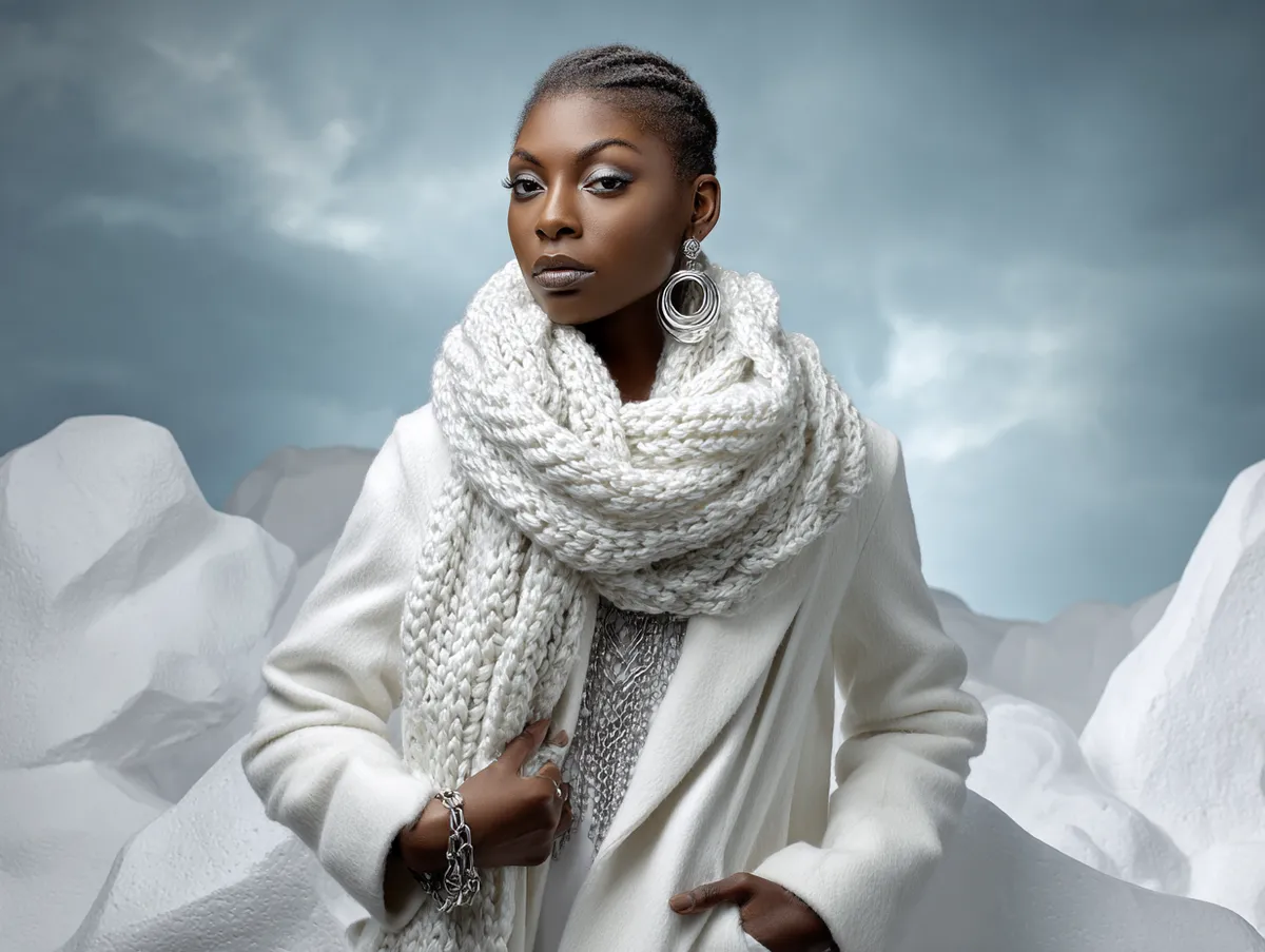 studio fashion photoshoot of a woman standing in elegant winter clothing, white wool coat, knit scarf, silver accessories, snow-inspired background, catalog-style photography, minimal shadows, standing pose only
