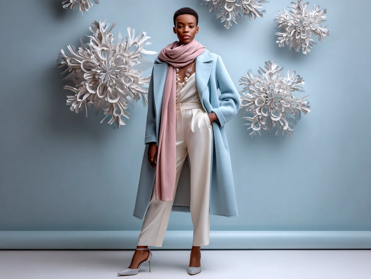 studio model standing in pastel winter outfit, powder blue coat, blush scarf, cream trousers, snowflake background, clean fashion catalog composition, full-length pose only