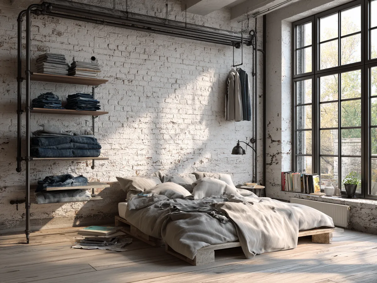 Exposed brick walls and metal piping when decorating a small bedroom - 2