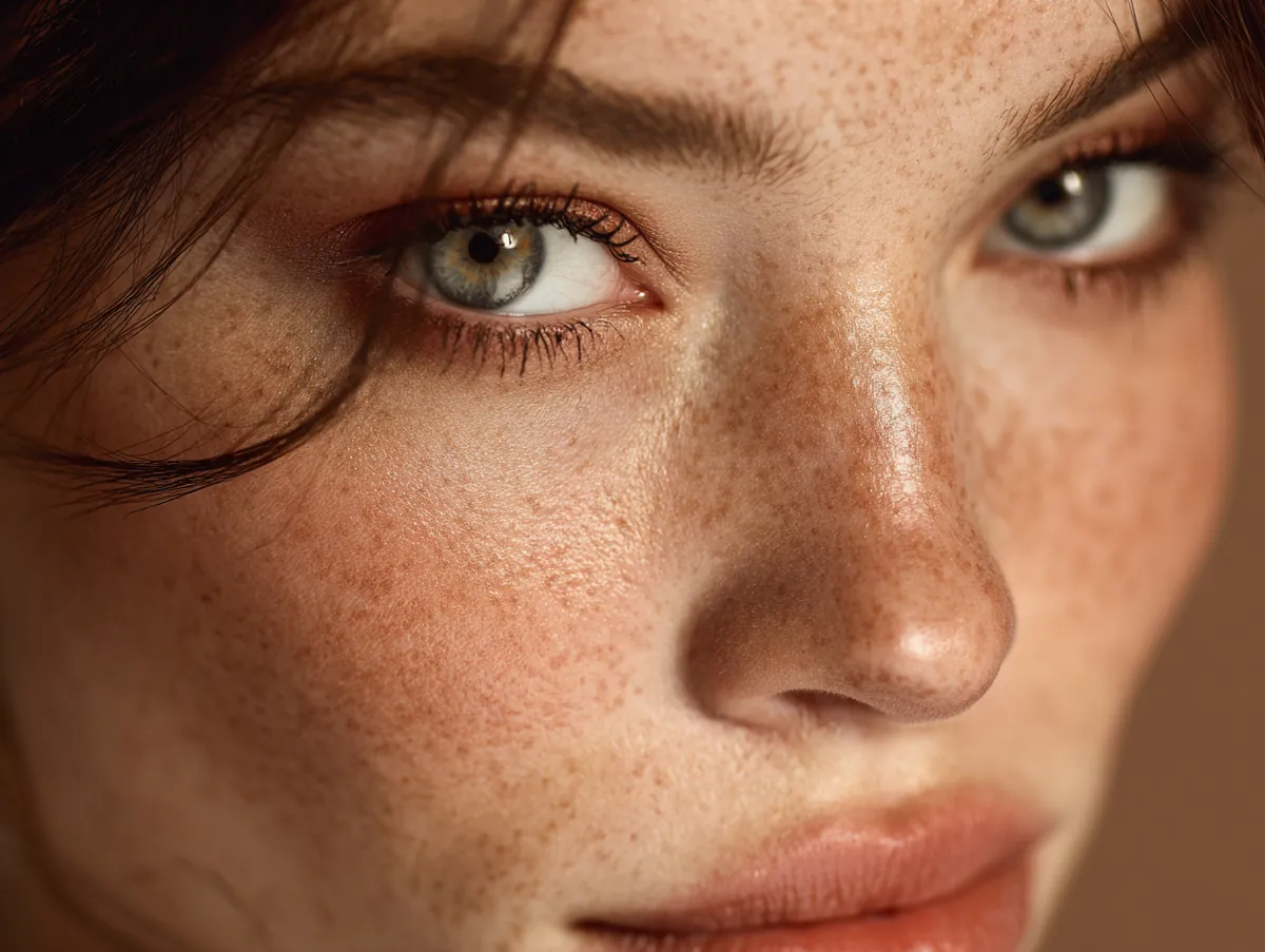 A close-up beauty portrait of a woman with fresh natural skin, perfectly blended long lasting eye makeup looks in warm neutral tones, soft studio lighting, realistic skin texture, detailed eyelashes, modern editorial beauty style