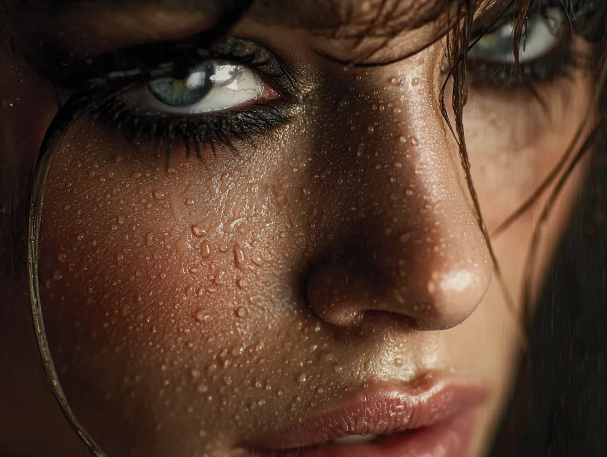A dramatic outdoor beauty portrait of a model in rain-kissed light featuring bold waterproof eye makeup looks, defined eyeliner, voluminous lashes, cinematic lighting, ultra-realistic photo style