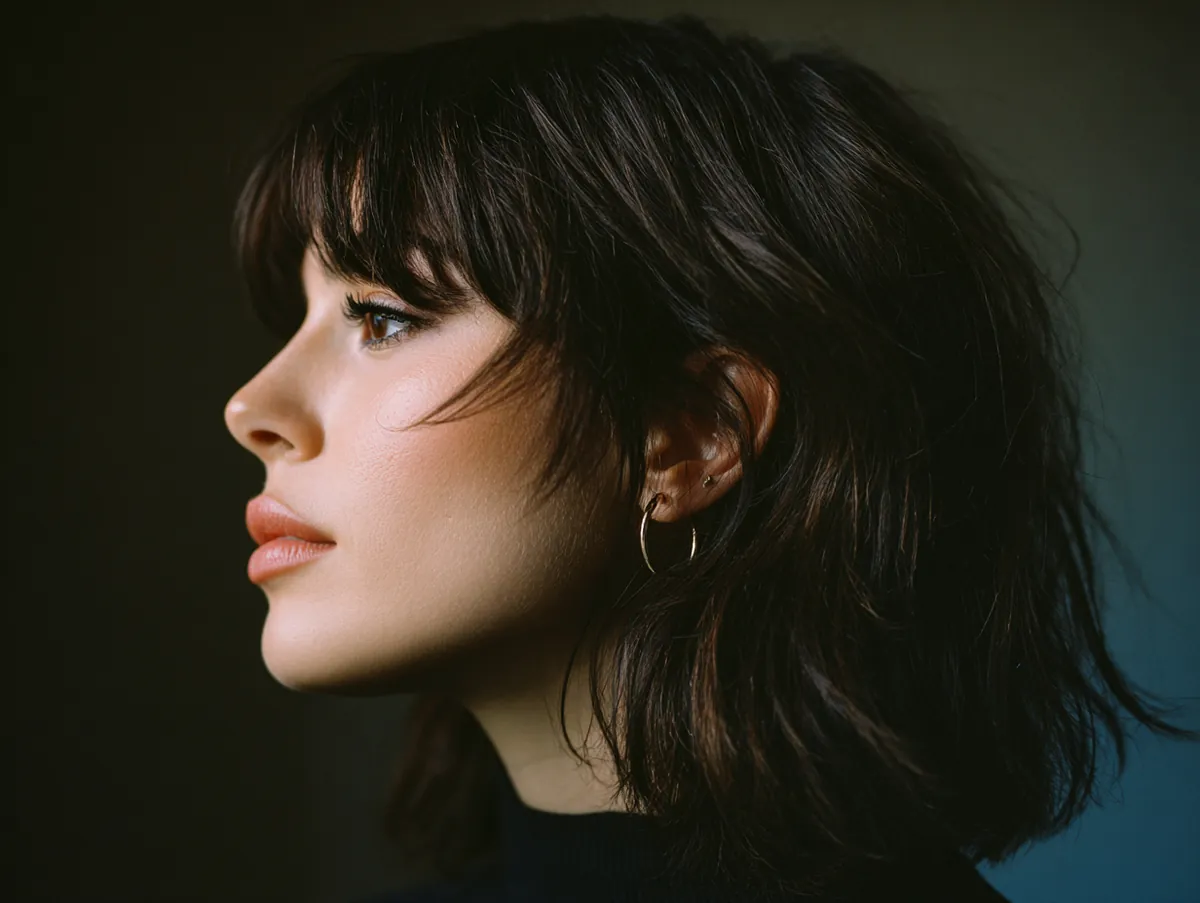 Side profile of face framing haircut with curtain bangs, soft volume, natural makeup, cinematic lighting, ultra detailed