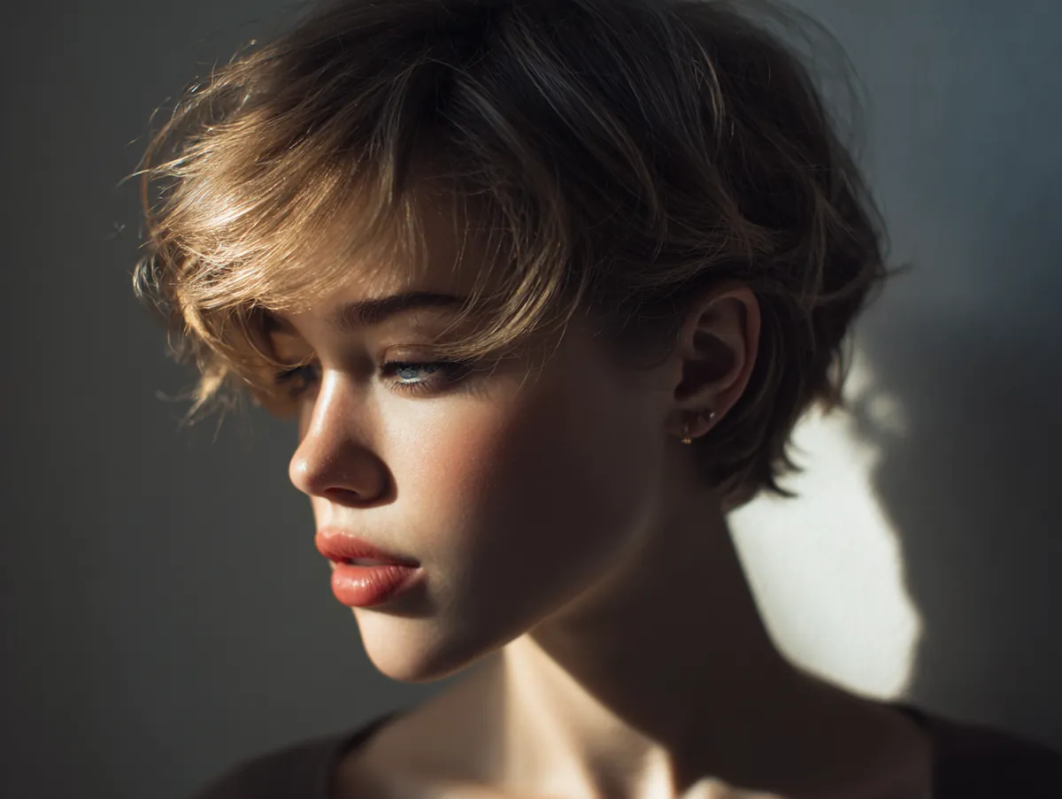Portrait of a woman with layered face framing haircut, soft shadows, sharp jawline definition, ultra realistic, beauty editorial style