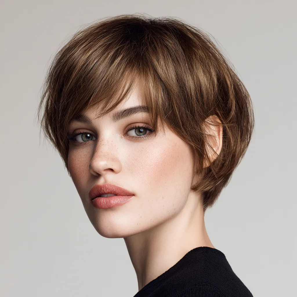 Modern haircut for fine thin hair with soft layers, natural lift at the roots, professional lighting, realistic texture, editorial beauty photography, high detail
