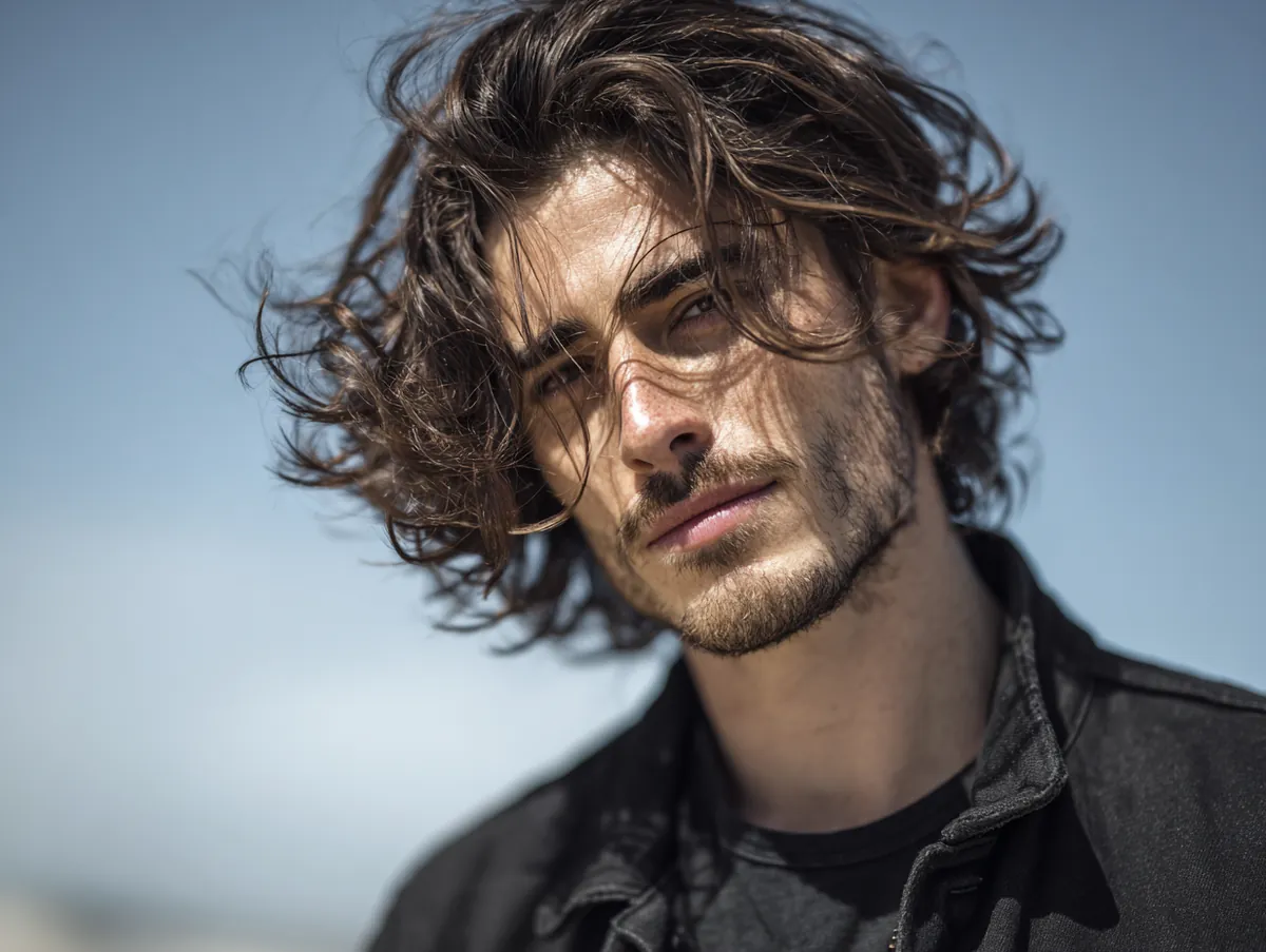 Man with medium length flowing haircut, natural movement, soft layered texture, relaxed casual outfit, daylight outdoor setting, modern effortless male style, realistic photography, confident expression