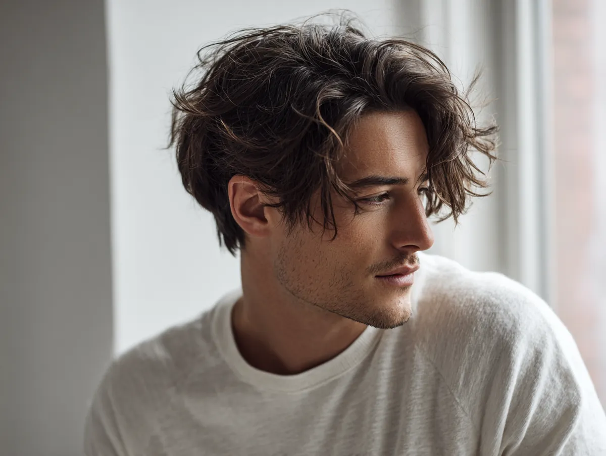 Modern man with effortless flowing haircut, clean daily shape, minimal grooming style, soft light indoors, neutral outfit, natural texture hair, realistic lifestyle portrait, calm confident mood