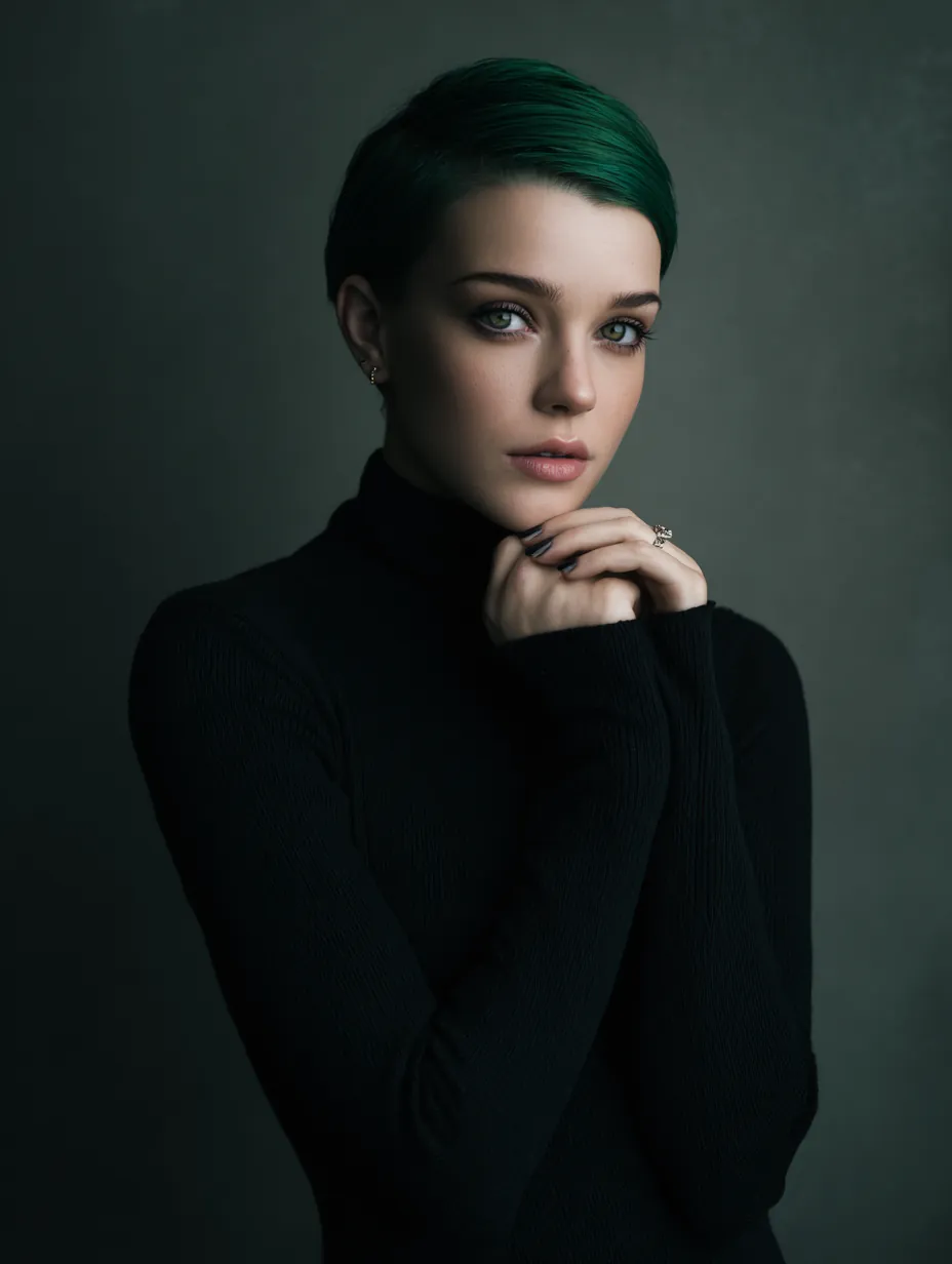 Studio photo shoot for a fashion magazine, model with a minimal hair style for small hair, smooth flow, natural direction, bright emerald green hair color, neutral studio backdrop, refined editorial lighting, calm fashion portrait