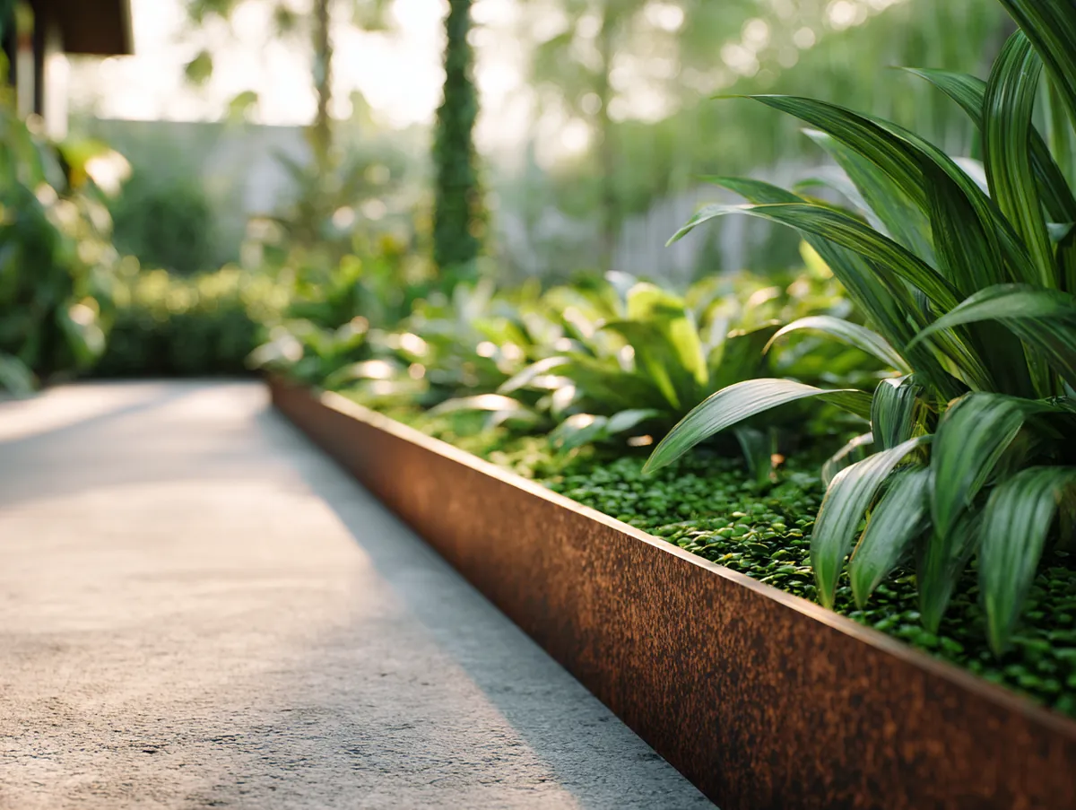 Modern garden edging ideas with slim metal borders and soft greenery