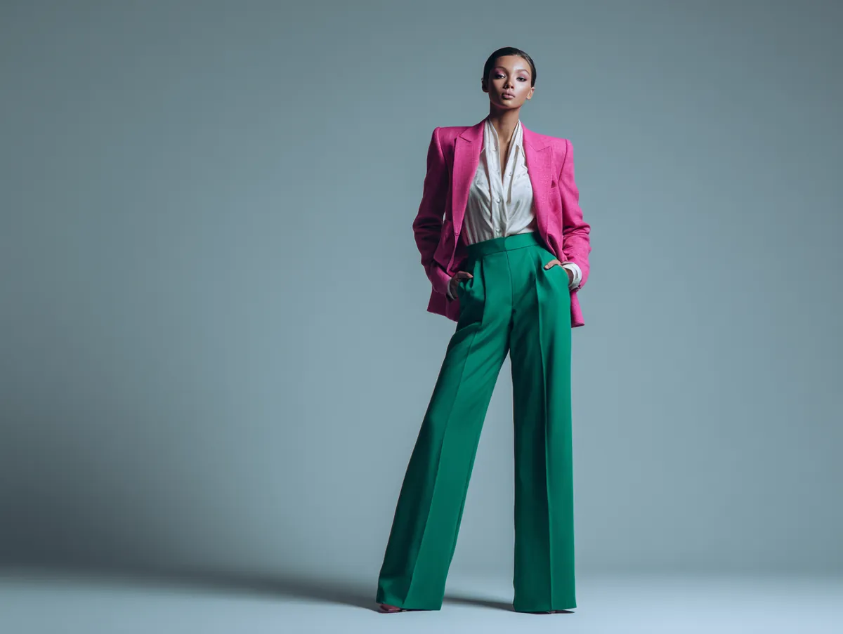Full body studio shot of a fashion model standing confidently, wearing high-waisted wide-leg emerald green trousers and a structured hot pink blazer with sharp lapels, crisp white blouse underneath, clean grey background, soft cinematic lighting, high fashion photography, 8k