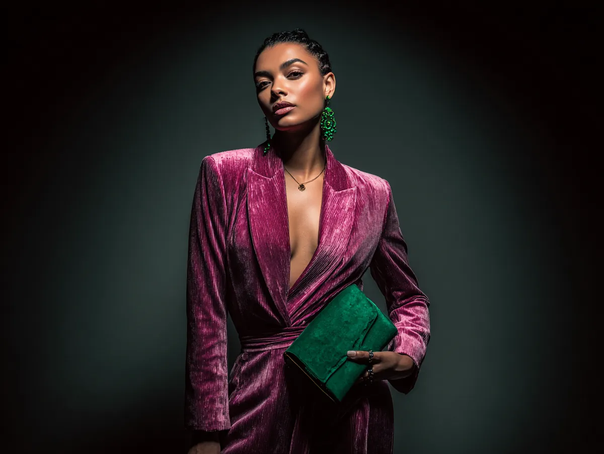 Full body studio shot of a fashion model standing, wearing a luxurious crushed velvet deep pink blazer and matching trousers, holding an emerald green leather clutch, wearing emerald green statement earrings, dark grey studio background, dramatic spotlighting, high fashion, 8k.
