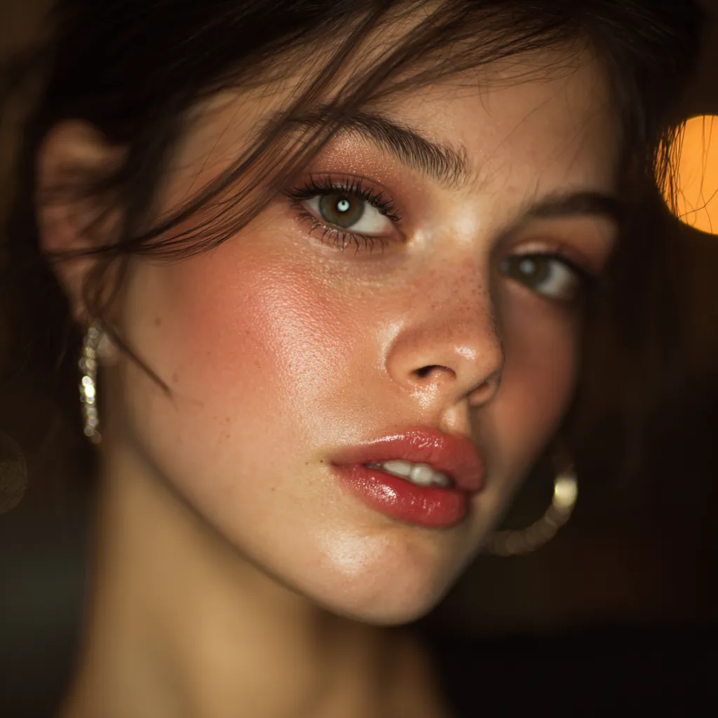 A young woman at an indoor evening party with warm ambient lighting wearing a natural glowing makeup style soft blush radiant skin subtle shimmer eyes glossy lips elegant yet minimal look realistic beauty photography