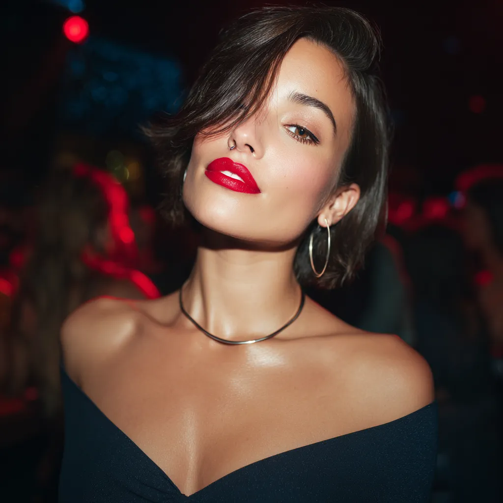 A confident woman at a lively party wearing minimal eye makeup with bold red lips clean skin tone modern elegant vibe stylish party atmosphere realistic portrait photography