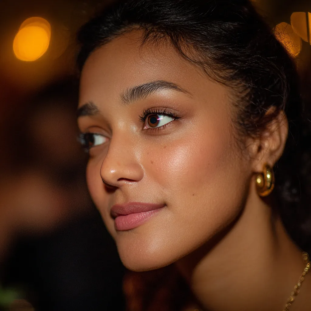 A woman at an evening celebration wearing natural eye makeup soft lashes neutral tones fresh skin subtle elegance cozy party lighting realistic beauty photography