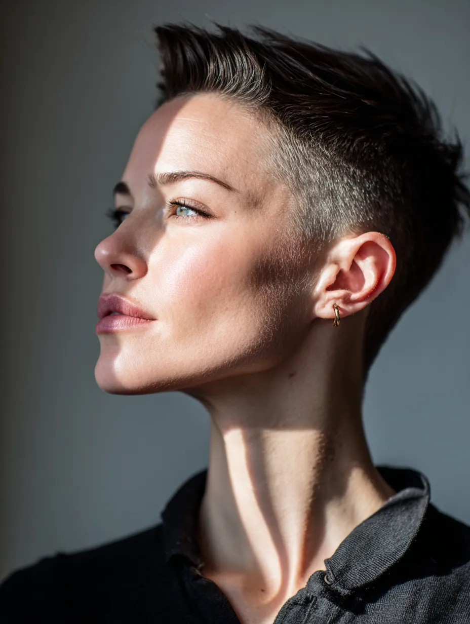 A woman with fine hair styled in a skin fade haircut with soft lifted texture on top, natural lighting, confident mood, minimal clean background