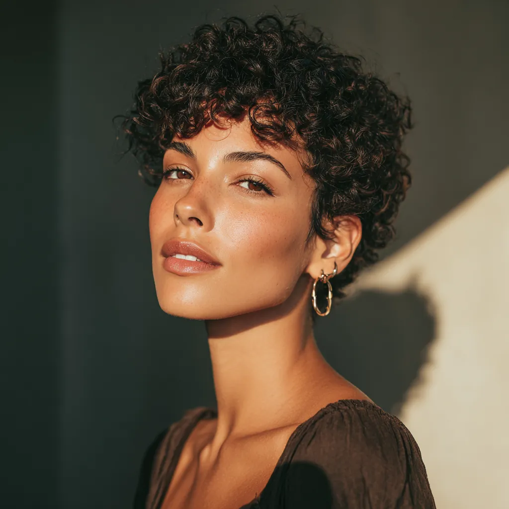 A woman with soft halo-like curls enhanced by a skin fade haircut, gentle atmospheric lighting, stylish expression, minimalist backdrop