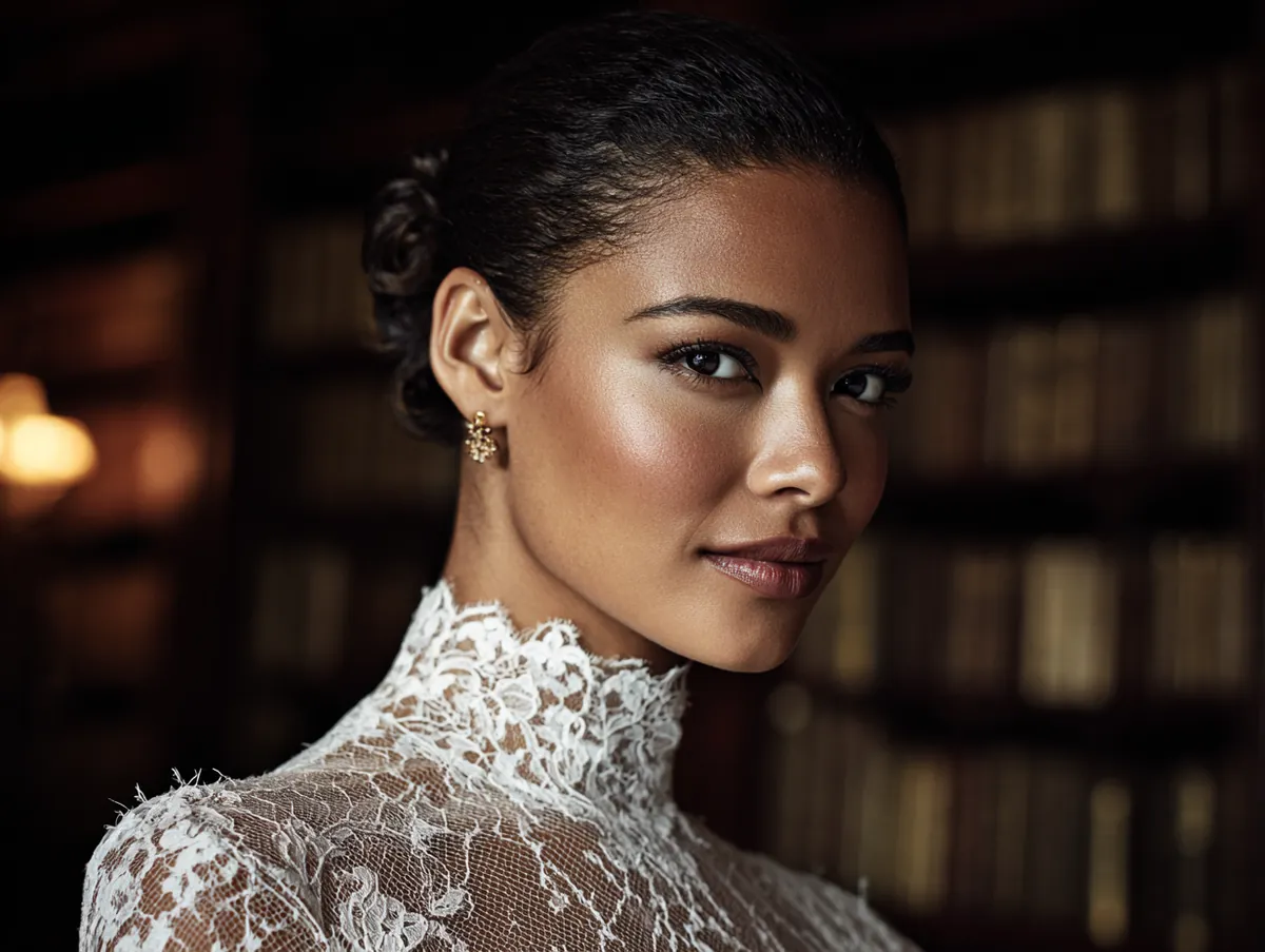 A cinematic portrait of a poised bride in a high-neck lace gown, attending a black-tie event. The lighting is dramatic and moody, highlighting her sculpted cheekbones and jawline. Her skin has a flawless, velvet-matte finish. The background suggests a grand library or ballroom with dim lighting. The makeup is focused on architectural contour and highlight.