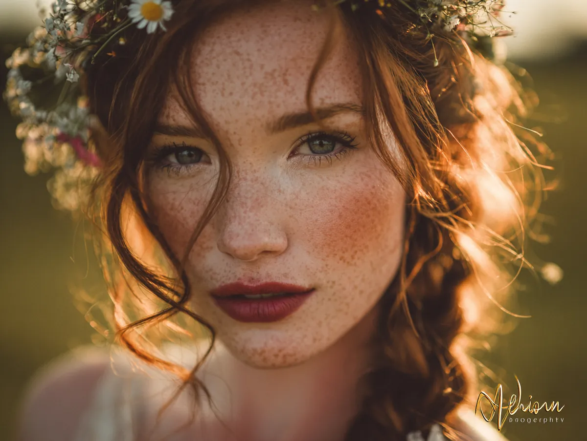 An outdoor wedding photograph of a bohemian bride. She has a natural, sun-kissed complexion with freckles showing through. Her eye makeup is a wash of warm copper eyeshadow. Her hair is a loose, textured braid adorned with wildflowers. Her lips are stained with a deep berry-red color that looks natural and "bitten." The setting is a field at golden hour.