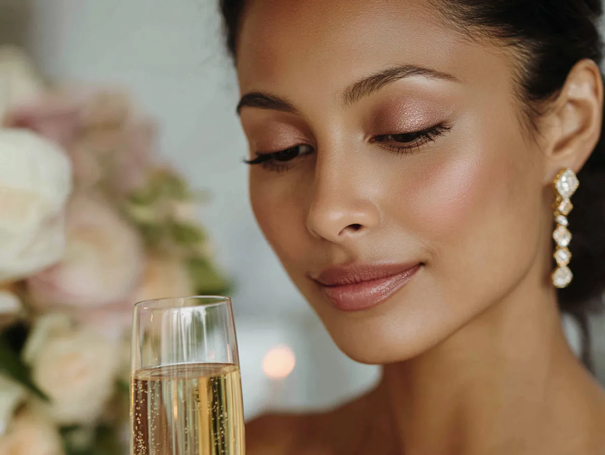 A serene and elegant bride holding a glass of champagne. Her makeup is monochromatic, featuring shades of rose gold and soft brown on eyes, cheeks, and lips. The texture of her skin is satin-like and expensive. She wears diamond earrings. The background is a blurred formal dinner setting.