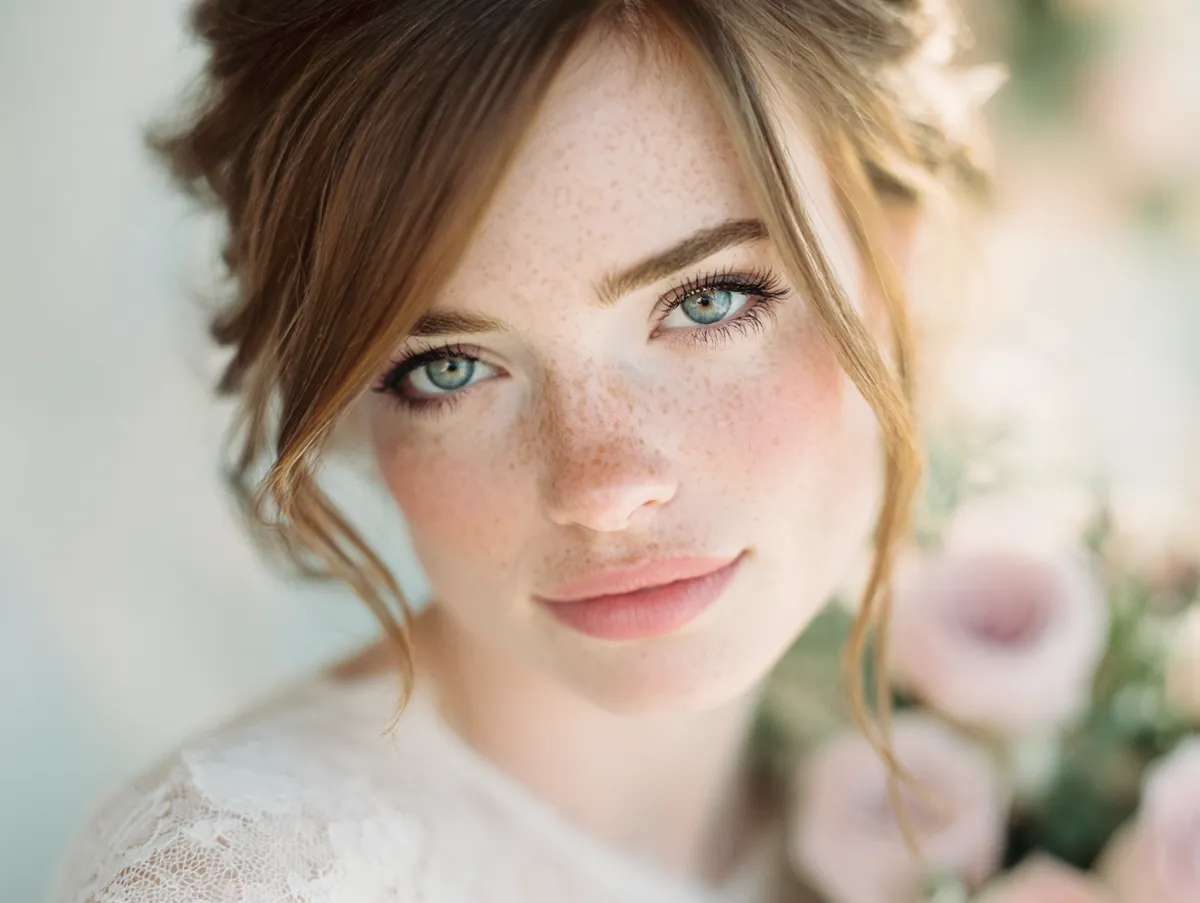  A portrait of a bride with a square face shape looking softly at the camera. Her wedding makeup look features diffused, rosy blush on the apples of her cheeks and soft, blended eyeshadow. No harsh lines. Her hair has soft waves framing her jaw. The overall feel is romantic and ethereal.