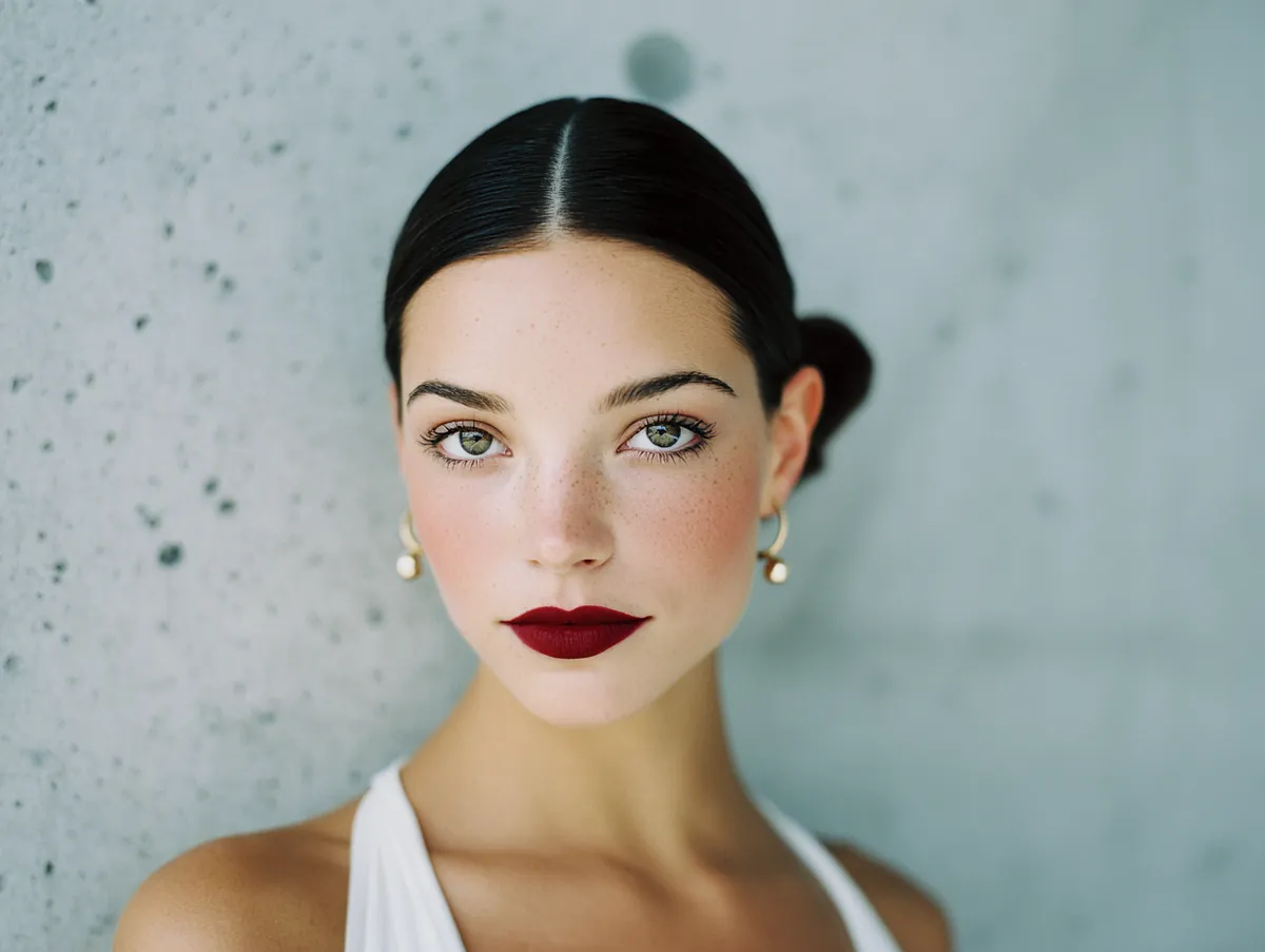 A portrait of a modern bride with a minimalist aesthetic. Her face is fresh with very natural, dewy skin, barely-there eye makeup with just mascara, and groomed brows. The focus is entirely on a perfectly applied, matte, bold crimson lipstick. She has a sleek, low bun hairstyle. The background is a clean, architectural concrete wall. Natural light.