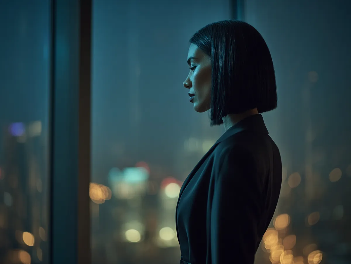 Sleek sculpted wedge haircut in deep black shine