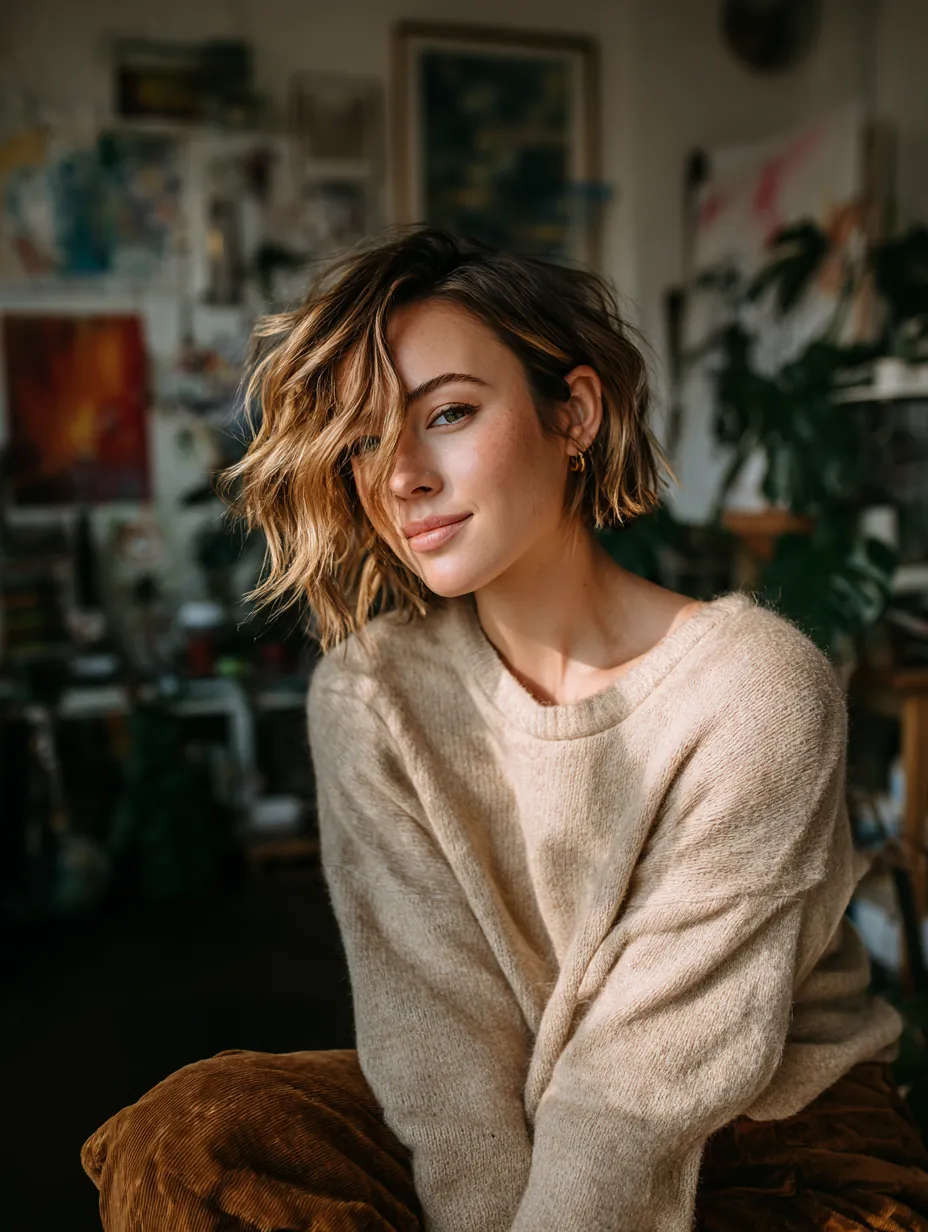 Modern tousled wedge haircut with honey brown highlights - 3