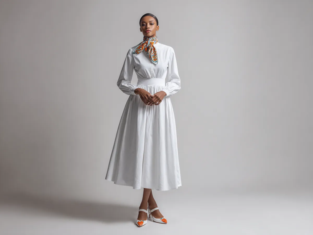 Modest A-Line White Dress Outfit Ideas Styled with Silk Scarves - 2