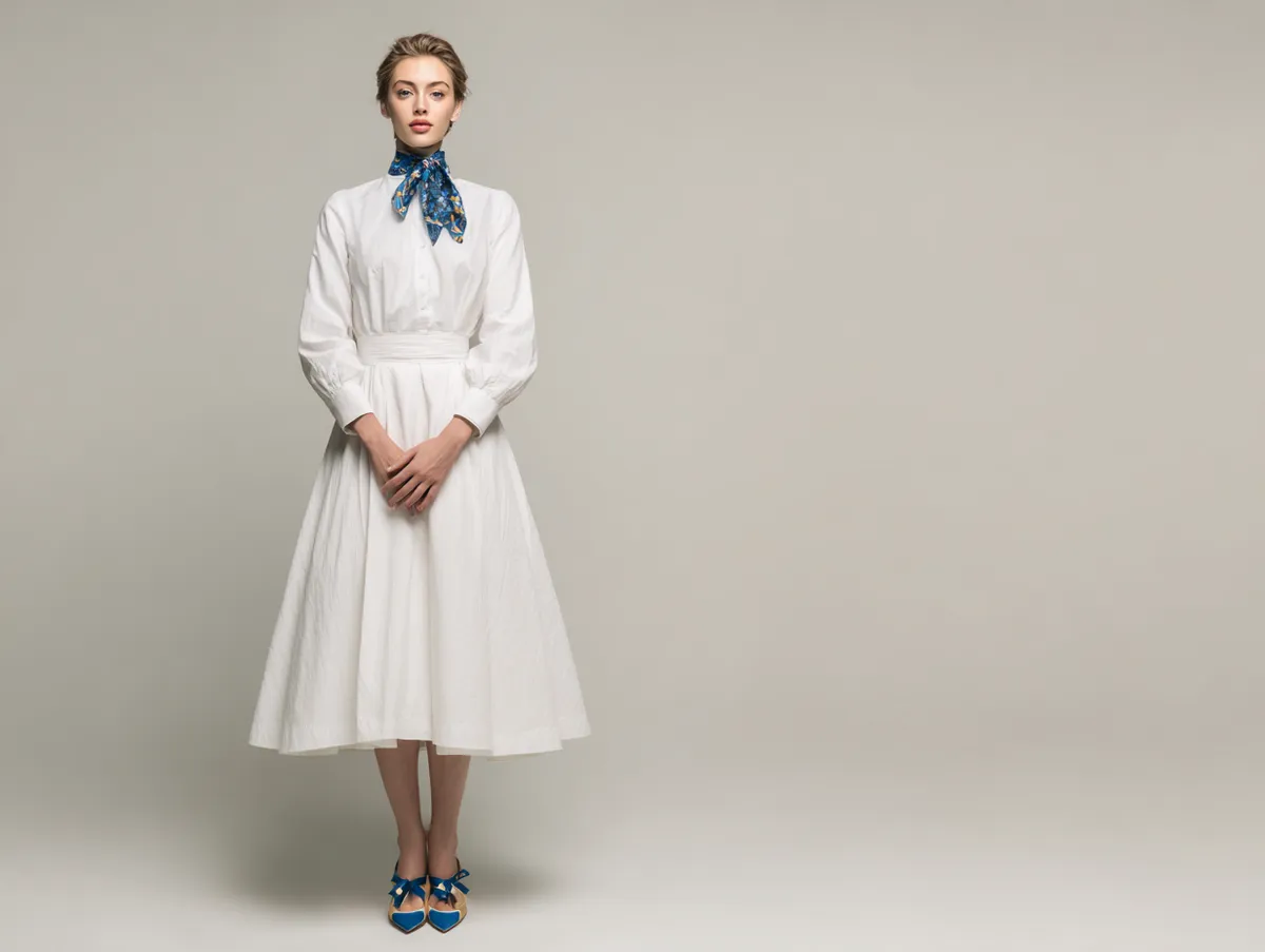Full body studio shot of a fashion model standing with hands clasped in front, wearing a modest, high-necked white A-line midi dress with long sleeves made of textured cotton poplin, wearing a patterned silk square scarf tied neatly around the neck in a Parisian knot, wearing bi-color Mary Jane heels, clean, bright studio background suggesting a creative agency, soft diffused lighting